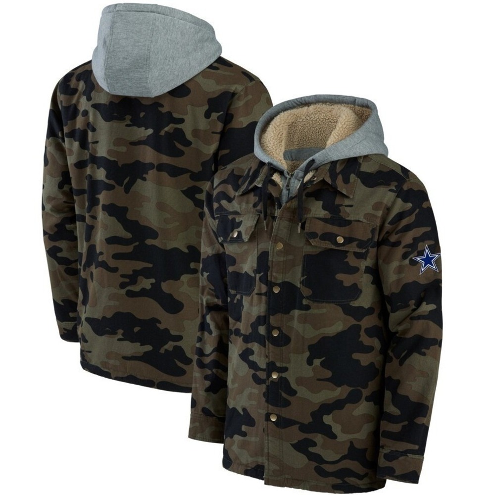 Darius Rucker NFL Dallas Cowboys Jacket Mens Large Camo Sherpa Hooded Shirt Coat